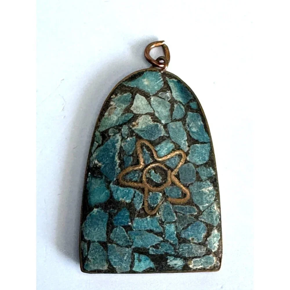 Vintage Turquoise Micro Mosaic Brass Pendant With Star Design 2" Made In India - Picture 3 of 5